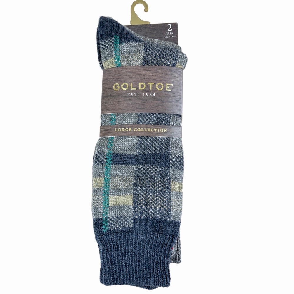 Gold Toe Lodge Collection Mens Socks 2 pair Size 6-12.5 Plaid + Solid Gray Grey